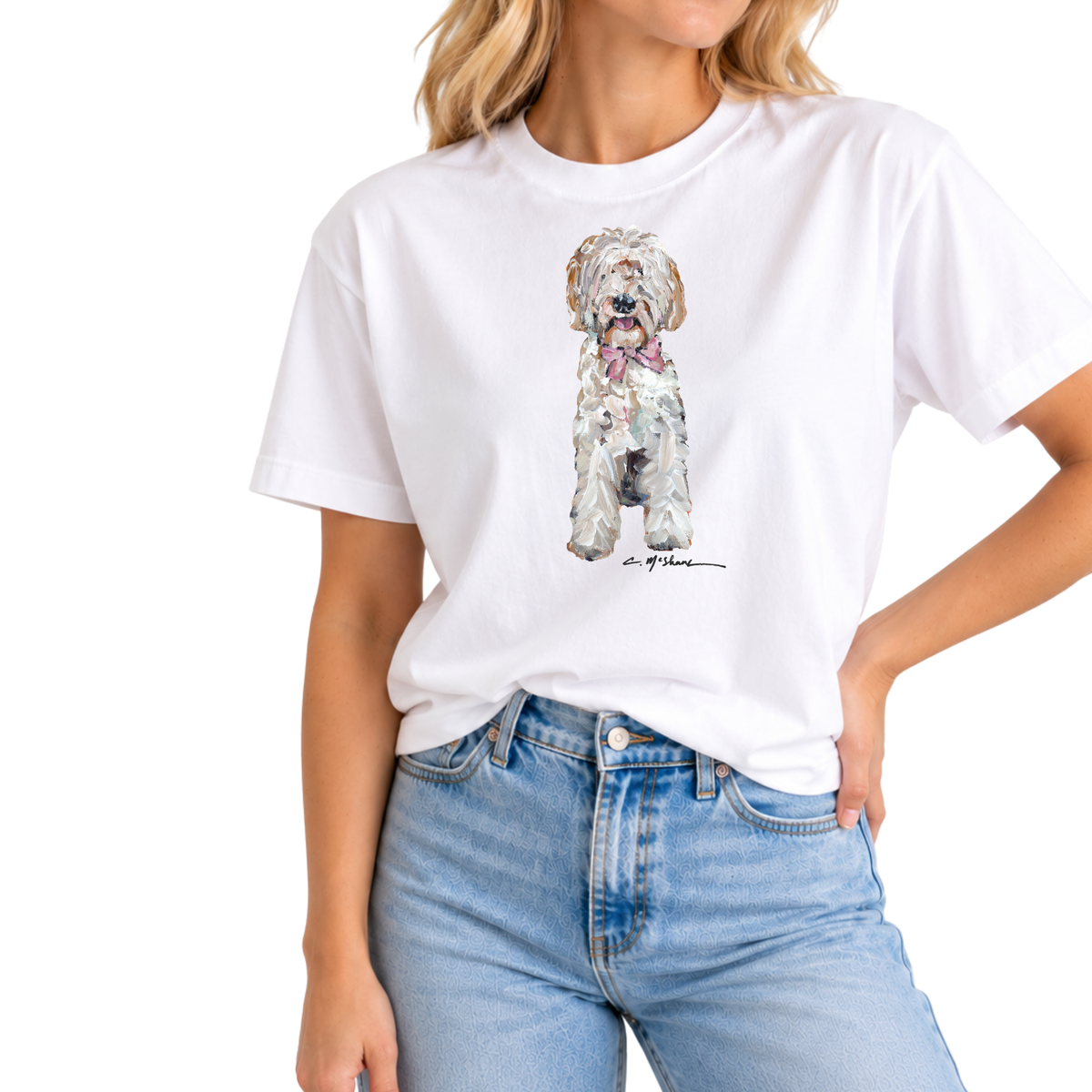 "Light Goldendoodle with Pink Bow" Dog Comfort Color Art-T-shirt
