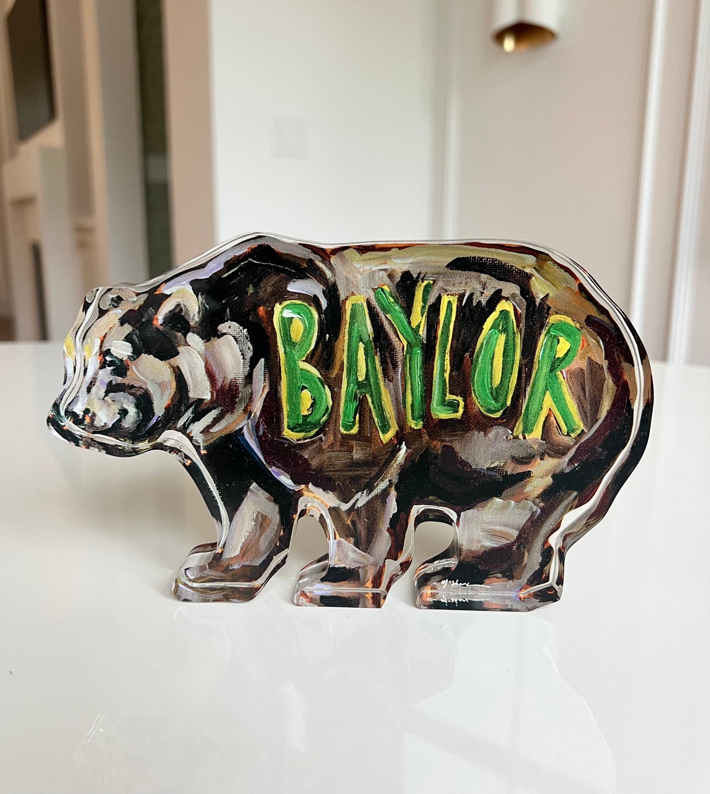 An acrylic tabletop Baylor Bear for Baylor University college gameday or alumni gifts.