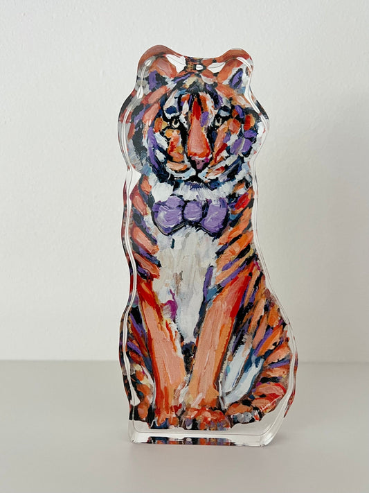An acrylic tabletop of a purple and orange tiger for Clemson University college gameday or alumni gifts.