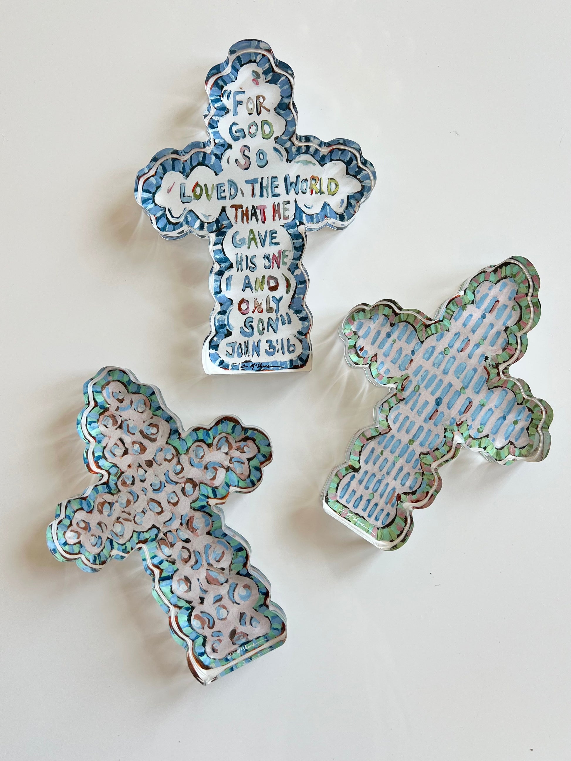 An acrylic tabletop cross that is great for Easter decor or nursery or baptism or college gift