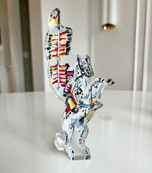 An acrylic tabletop of a horse with Indian for South Florida University college gameday or alumni gifts.