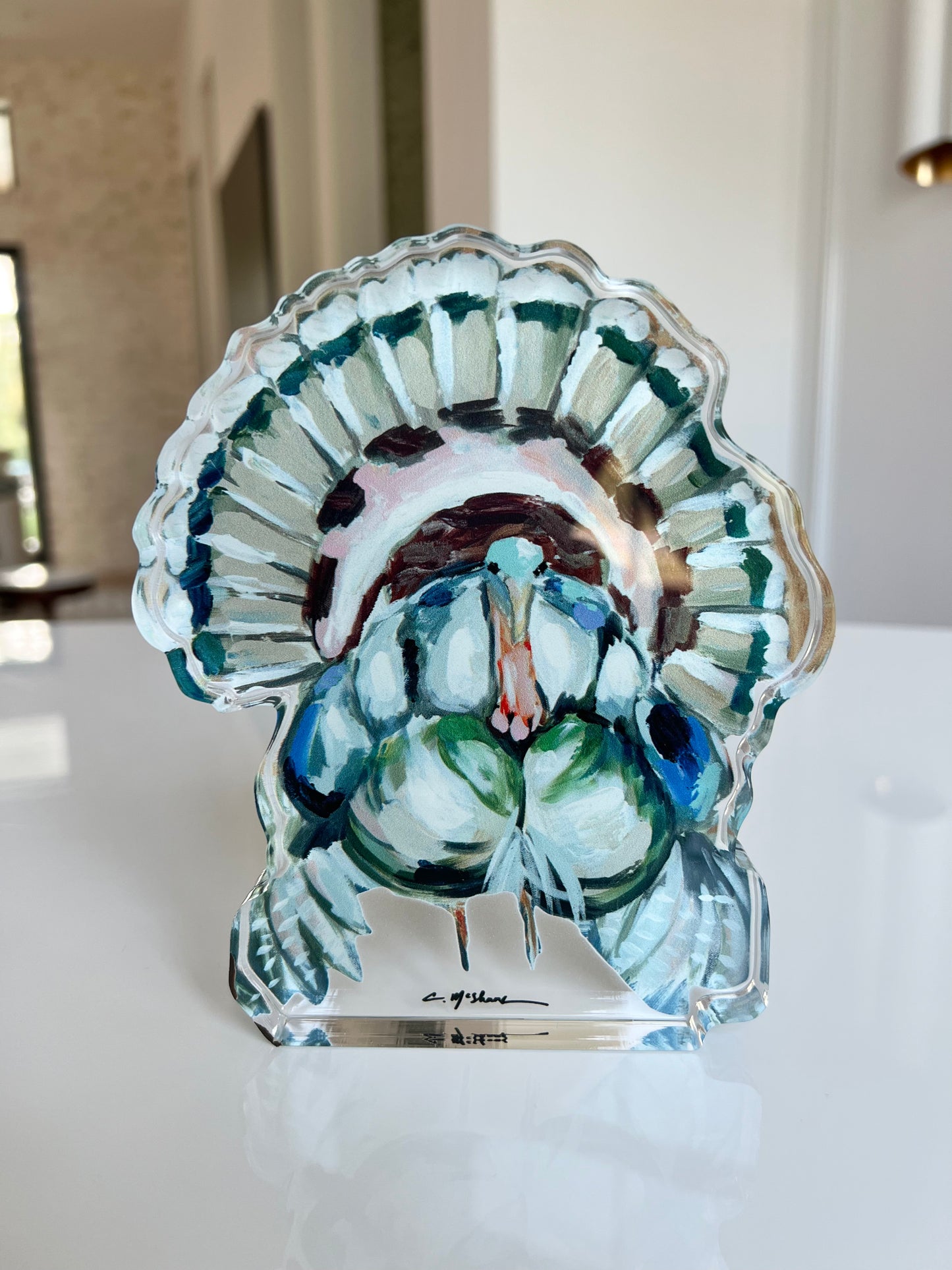 An arcrylic tabletop turkey that is a great mans gift or for turkey hunters. It is also great Thanksgiving decor.