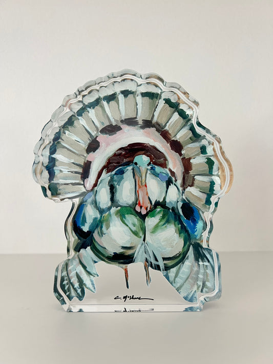 An arcrylic tabletop turkey that is a great mans gift or for turkey hunters. It is also great Thanksgiving decor.