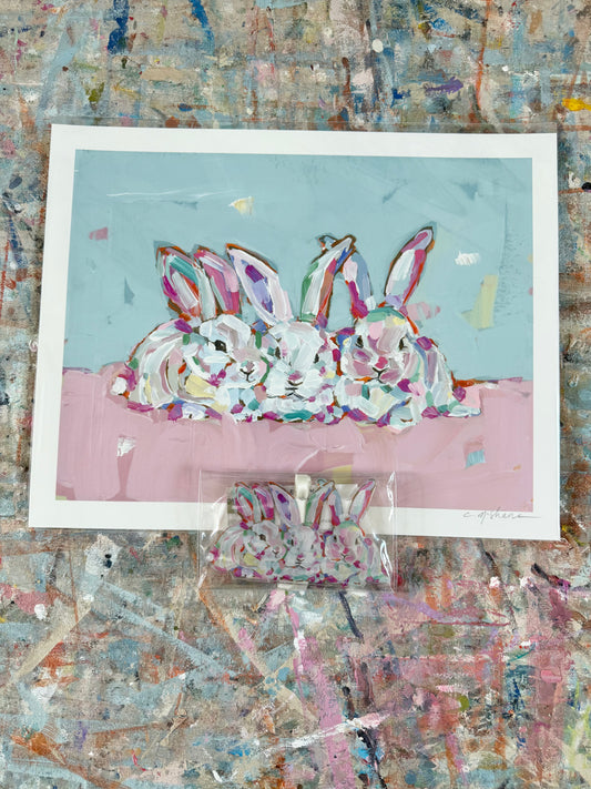 "Hip Hap Hop" bunnies 14X11 hand signed paper print + ornament