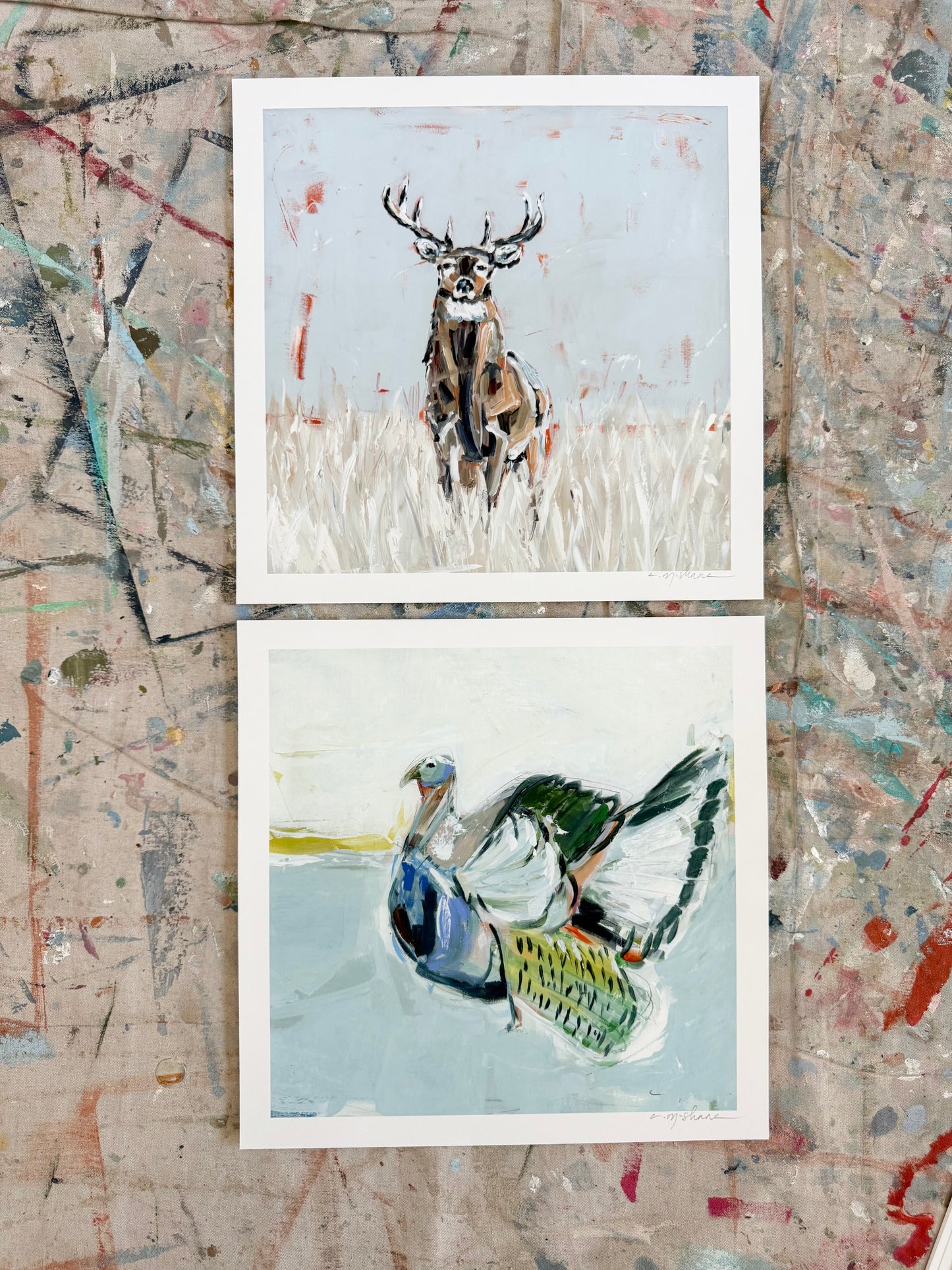 Deer & Turkey 12X12 hand signed paper prints (set of 2)