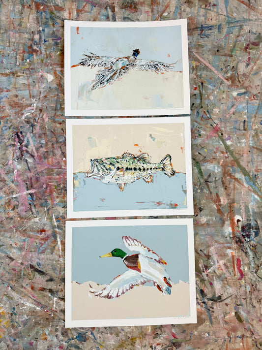 Pheasant, Bass, & Mallard 14X11 hand signed paper prints (set of 3)