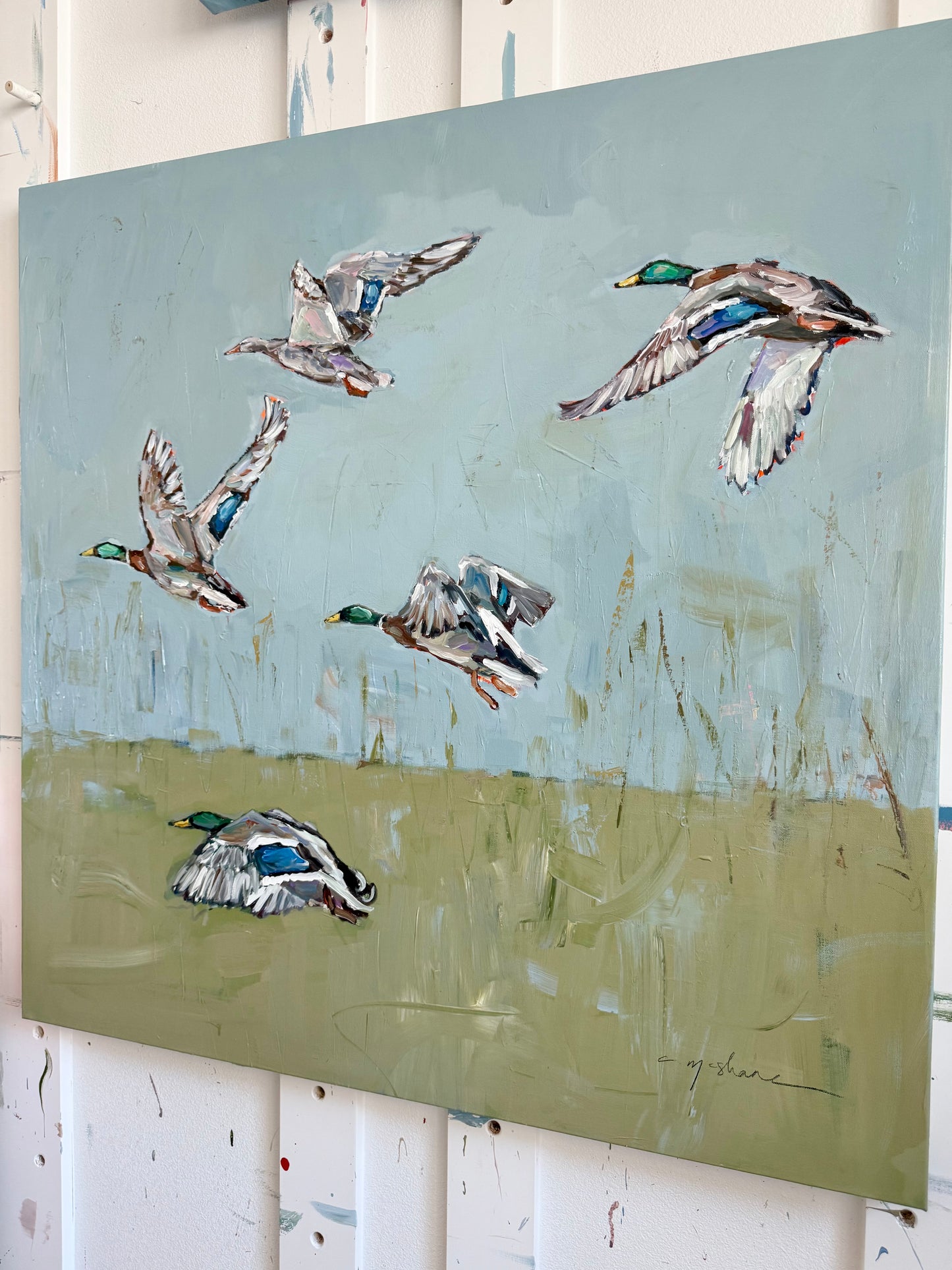 "Mallards In Flight" Original on 36X36 canvas