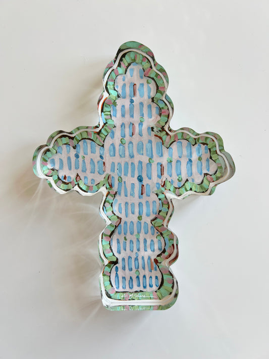 An acrylic tabletop cross that is great for Easter decor or nursery or baptism or college gift