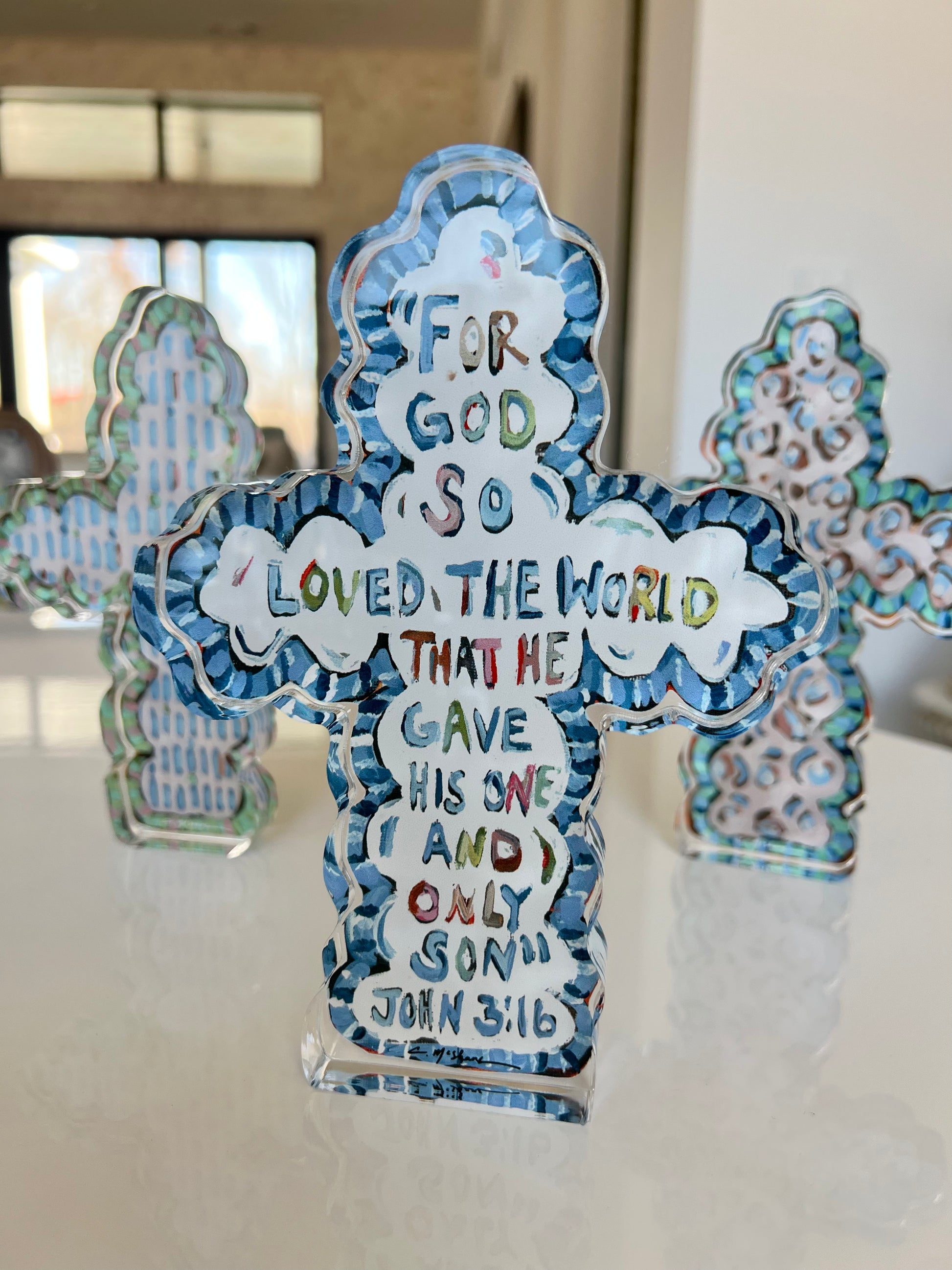 Acrylic crosses with bible verse John 3:16 that makes great gifts for nursery, baptism, and children. Also good Easter decor.
