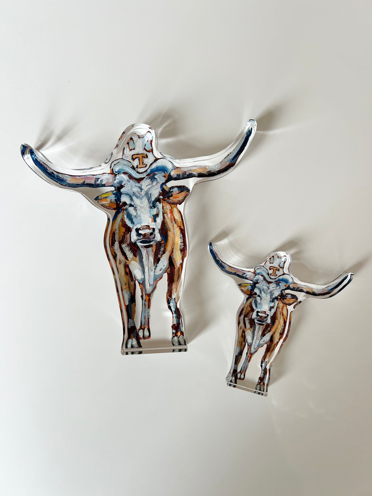 An acrylic tabletop of a Texas University Longhorn for college gameday or alumni gifts.