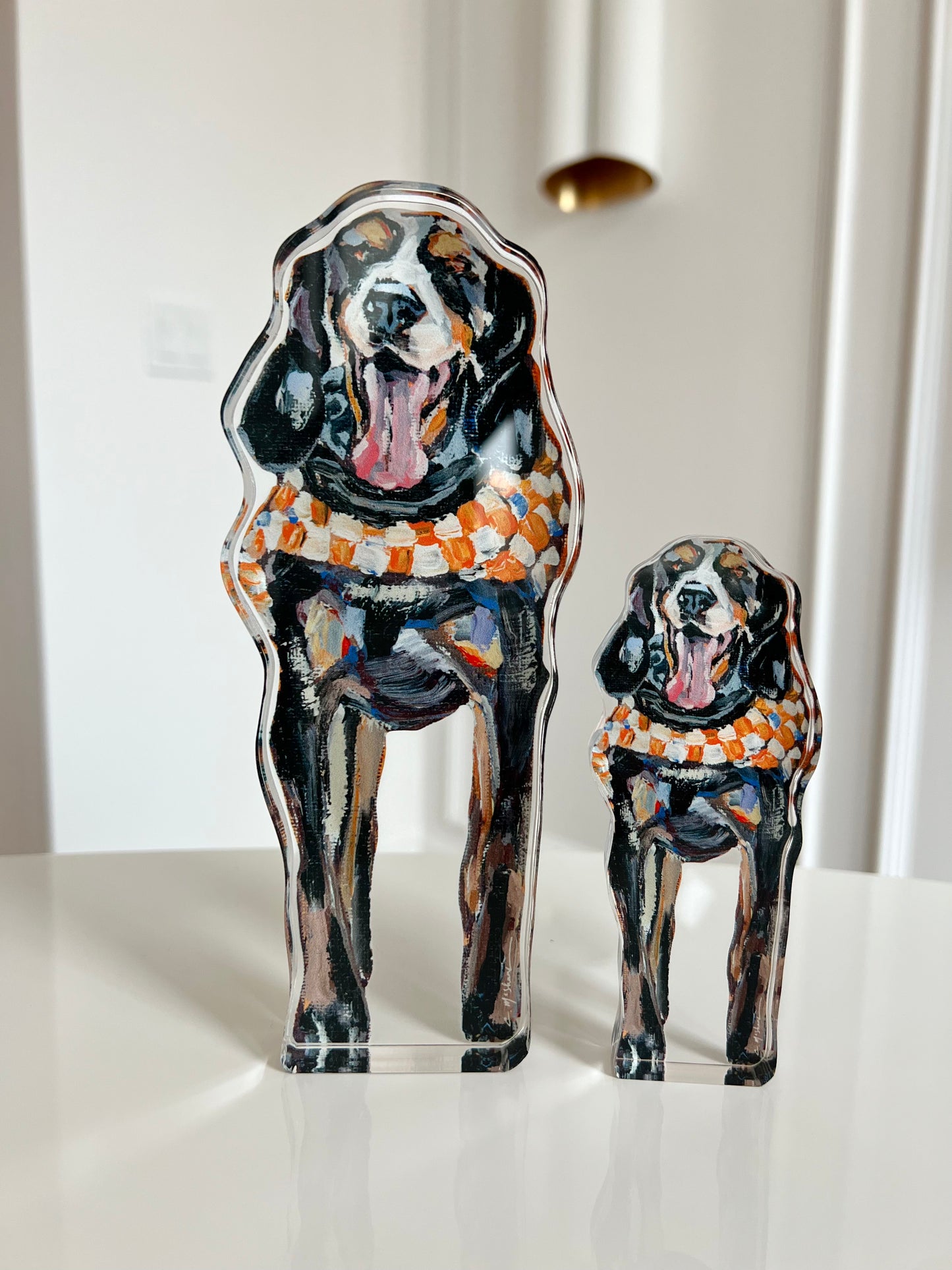 An acrylic tabletop of Smokey hound dog mascot for the University of Tennesse college gameday or alumni gifts.