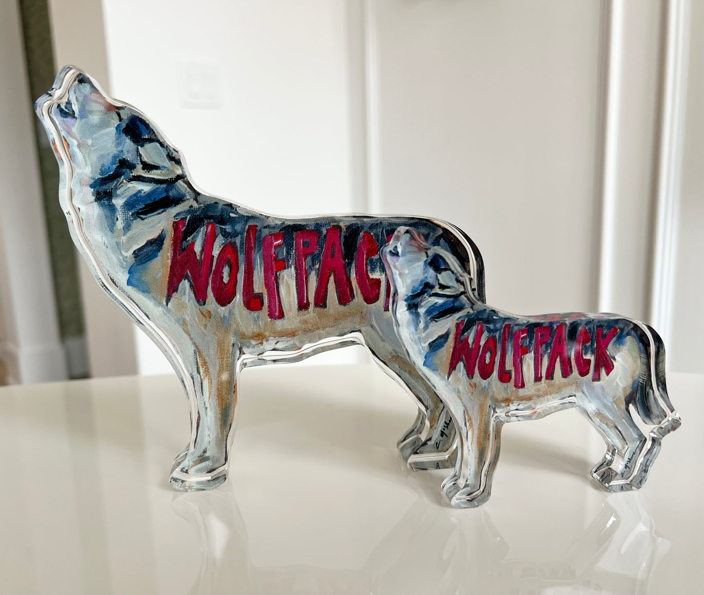 An acrylic tabletop of a coyote for North Caroline Wolfpack gameday or alumni gifts.