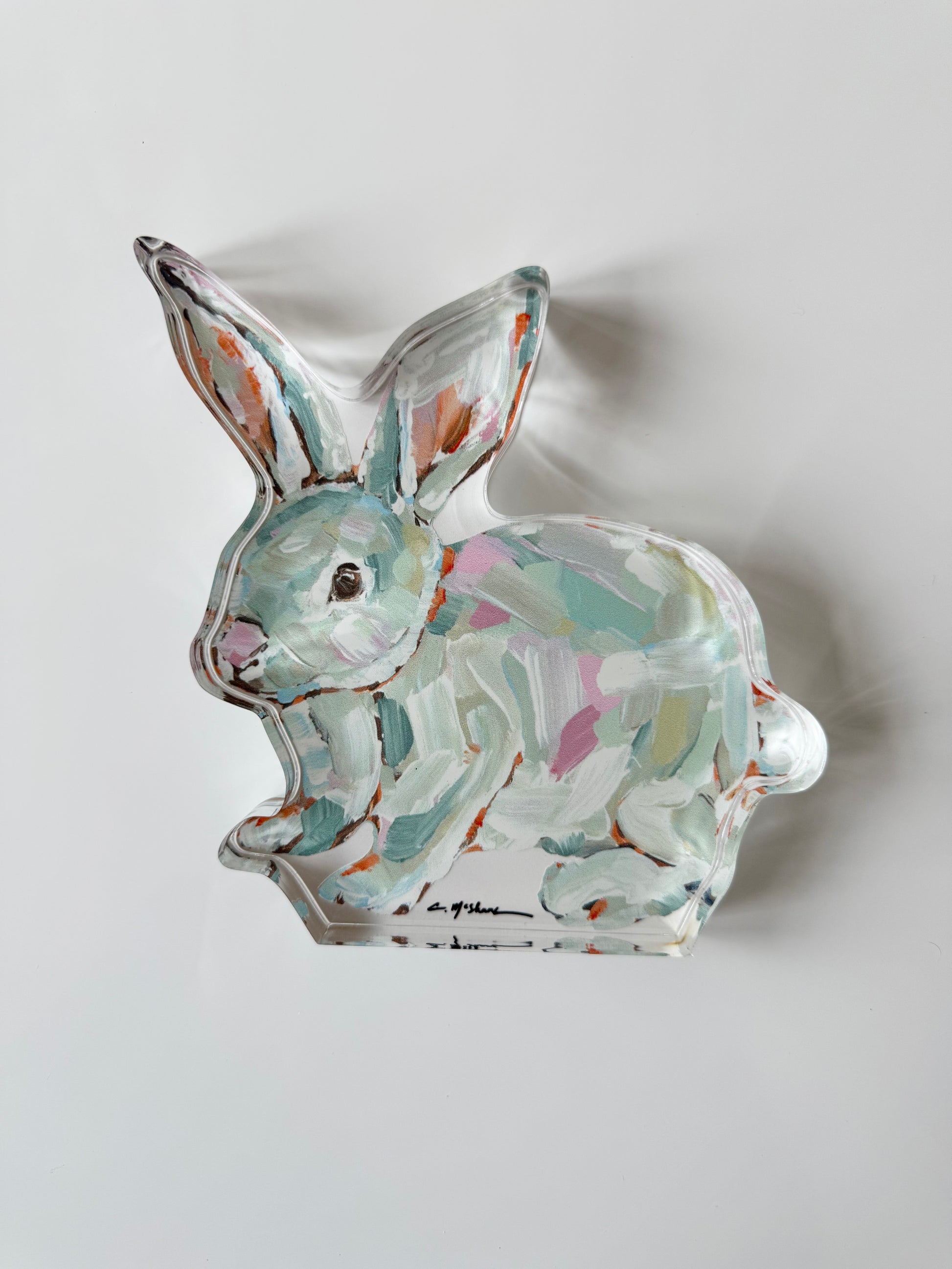 An acrylic tabletop bunny for Easter decorations or nursery gifts or to represent a rabbit lover