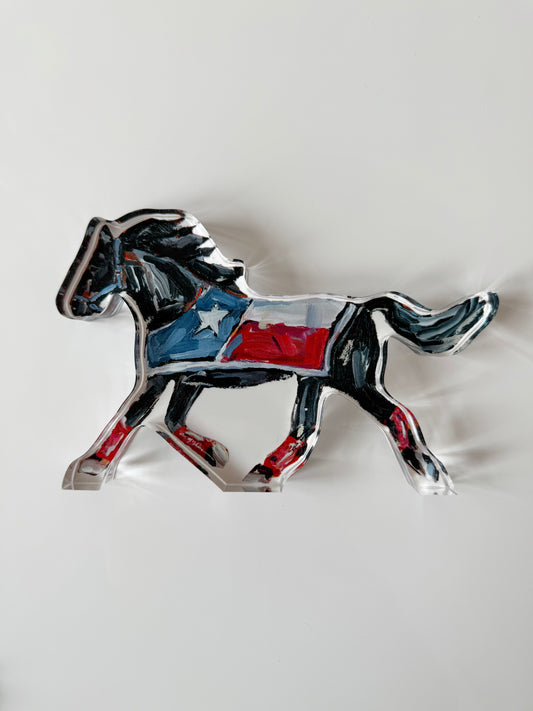 An acrylic tabletop for Southern Methodist University or SMU Dallas Texas Mustangs horse