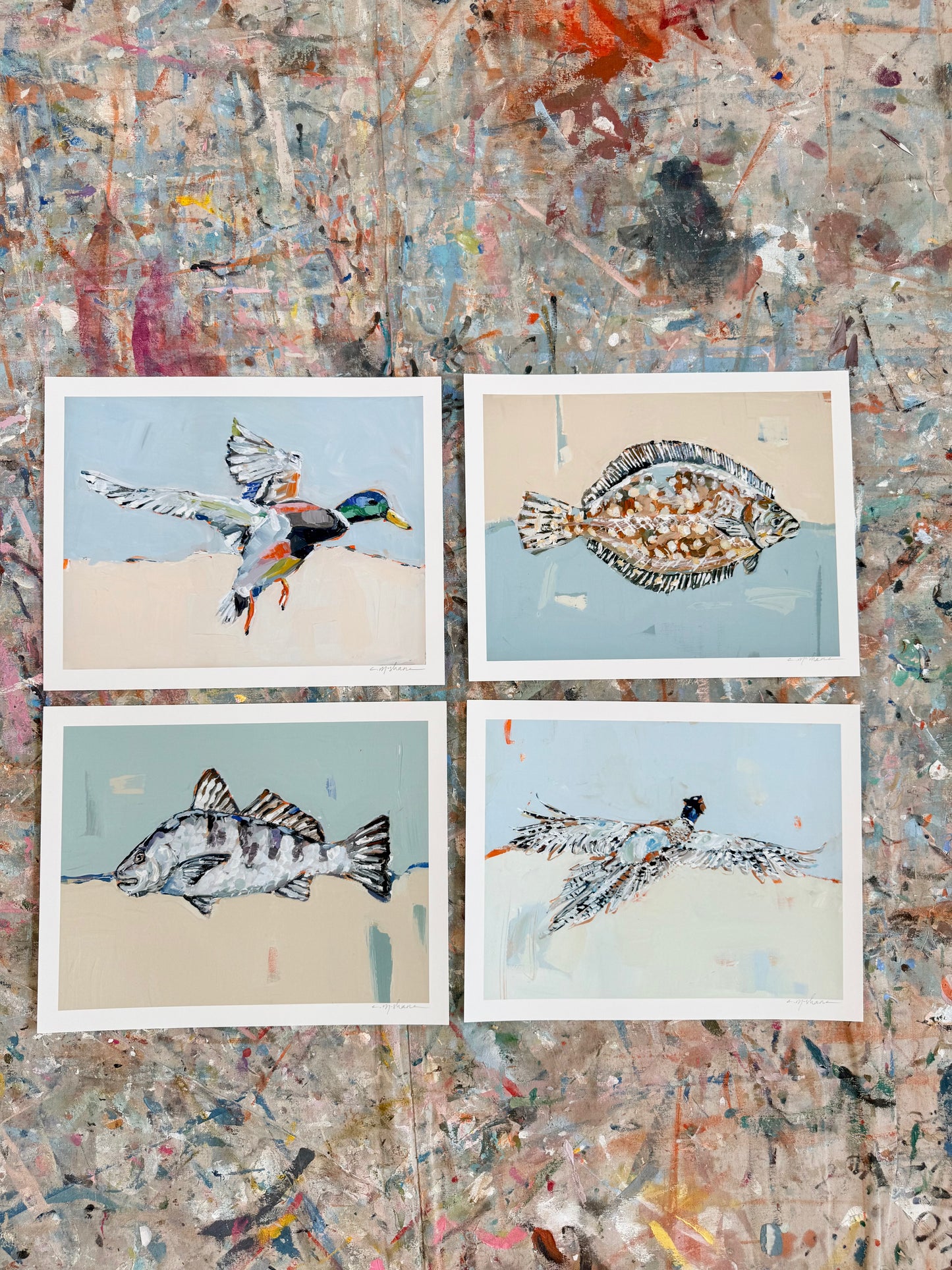 "Mallard, Flounder, Black Drum, & Pheasant " 14X11 hand signed paper prints (set of 4)