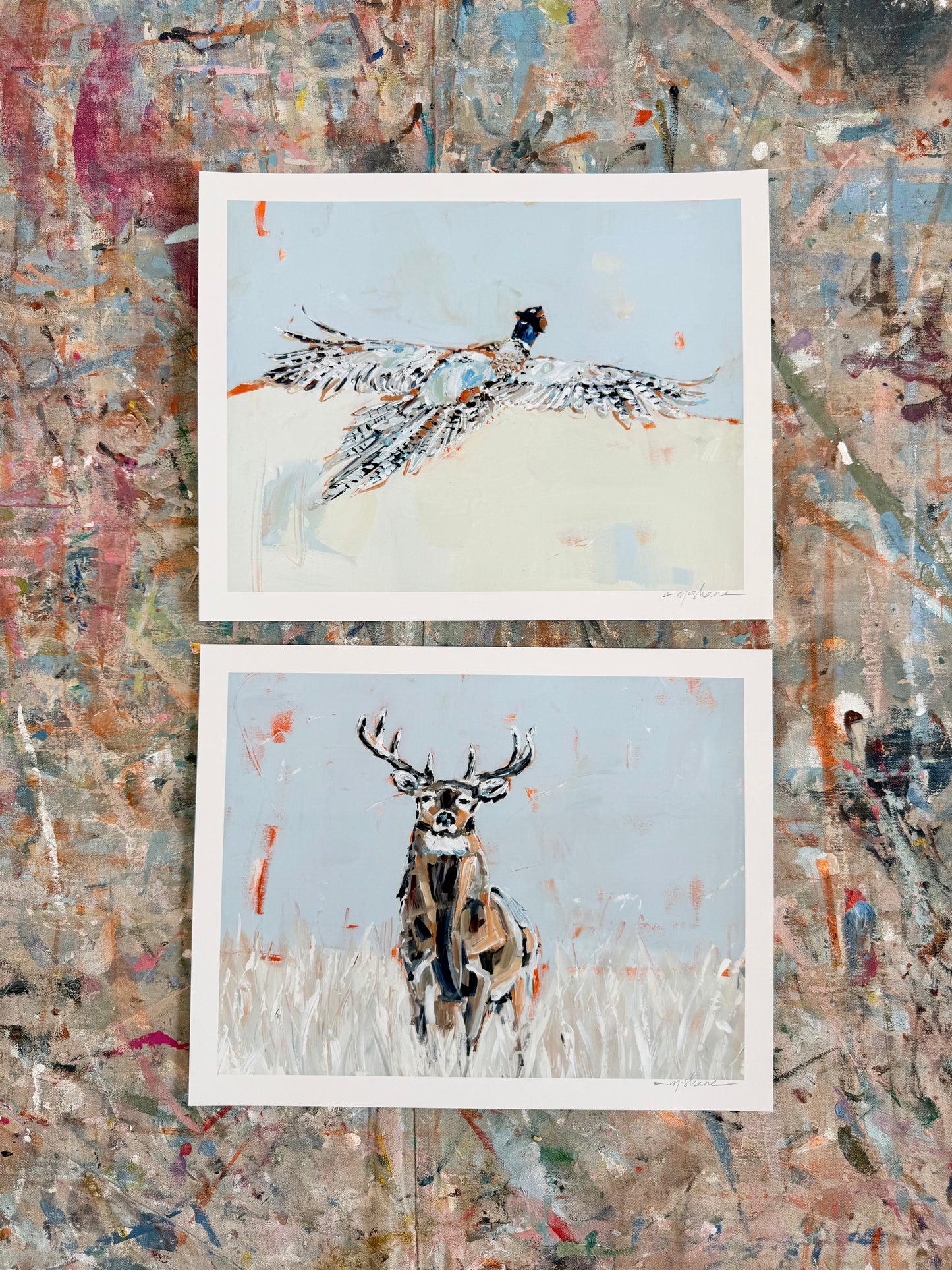 "Pheasant & Deer" 14X11 hand signed paper prints (set of 2)