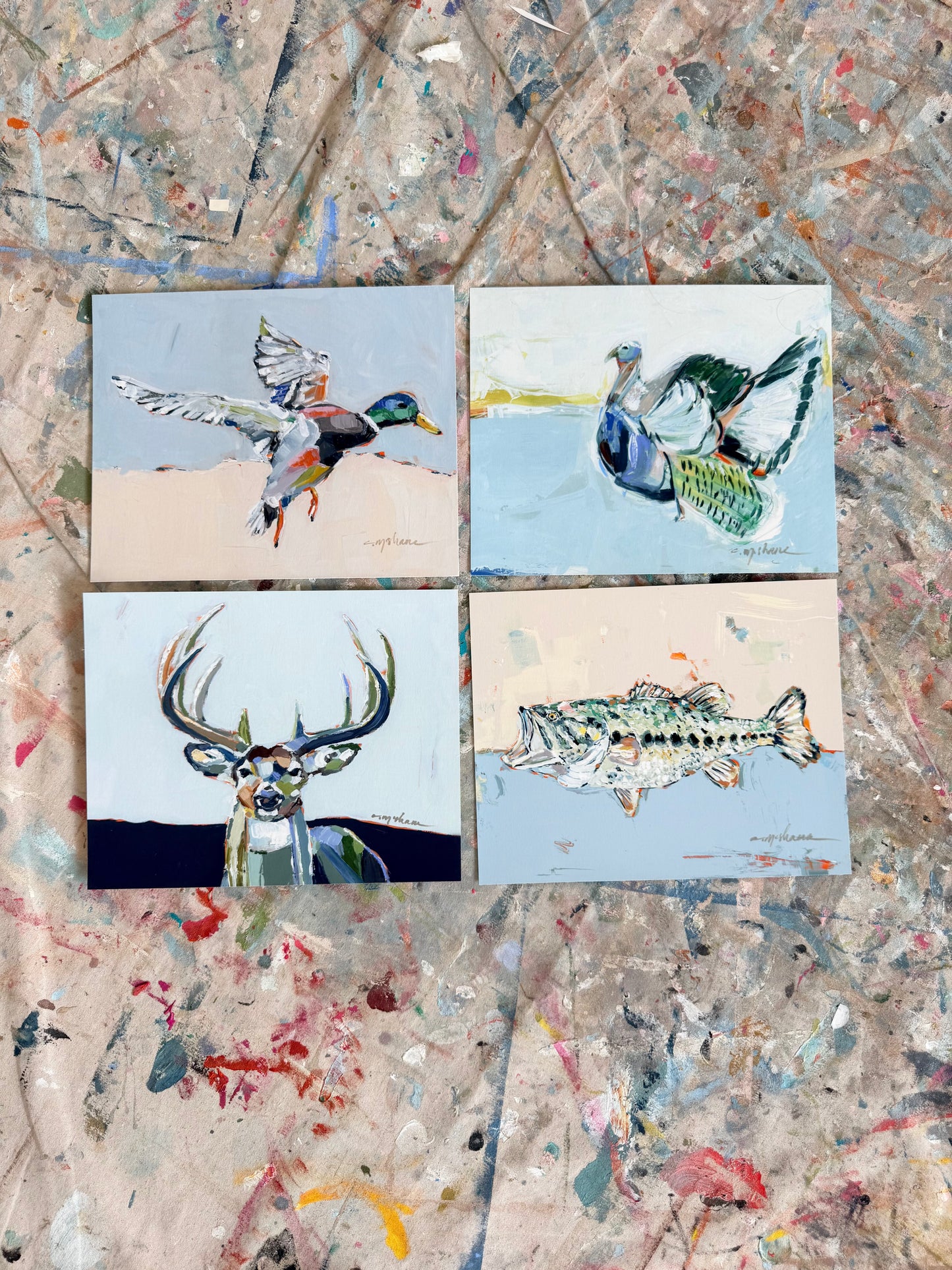 "Turkey, Mallard, Bass, Deer " 10X8 hand signed paper prints (set of 4)