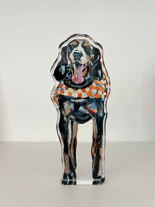 An acrylic tabletop of Smokey hound dog mascot for the University of Tennesse college gameday or alumni gifts.