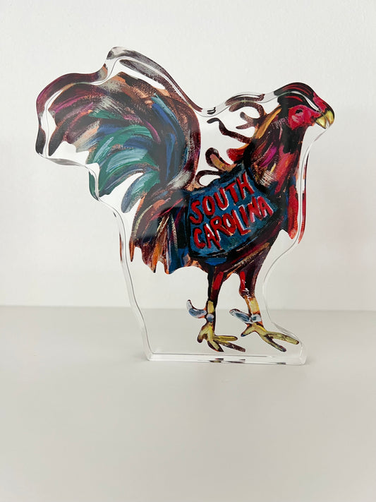 An acrylic tabletop of a South Carolina Gamecock Rooster for college gameday or alumni gifts.