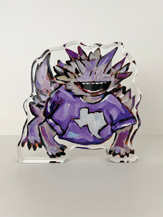 An acrylic tabletop of a Texas Christian TCU horned frog for college gameday or alumni gifts.