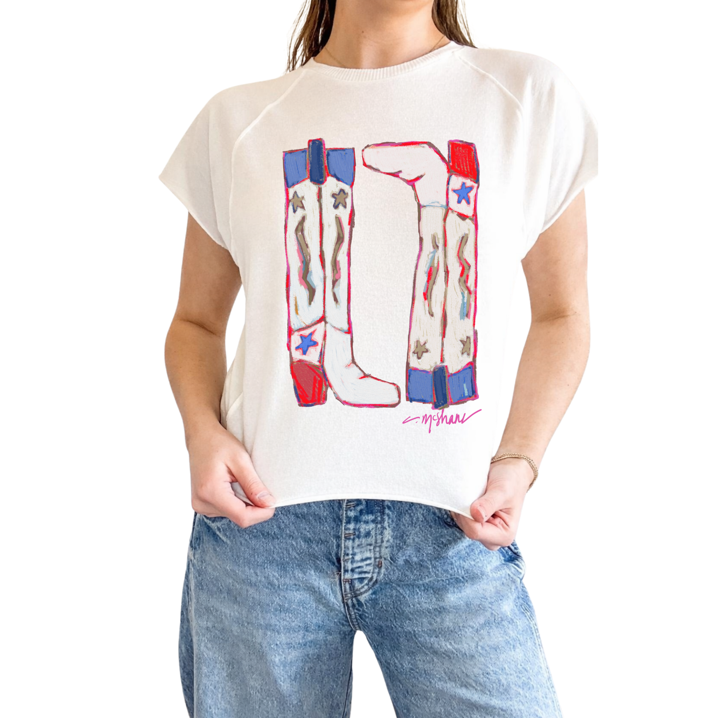 "Cowgirl Up America" Cowboy Boots Edgy-Short Sleeve Shirt