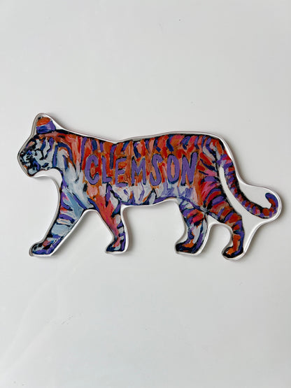 An acrylic tabletop of a purple and orange tiger for Clemson University for college gameday or alumni gifts.