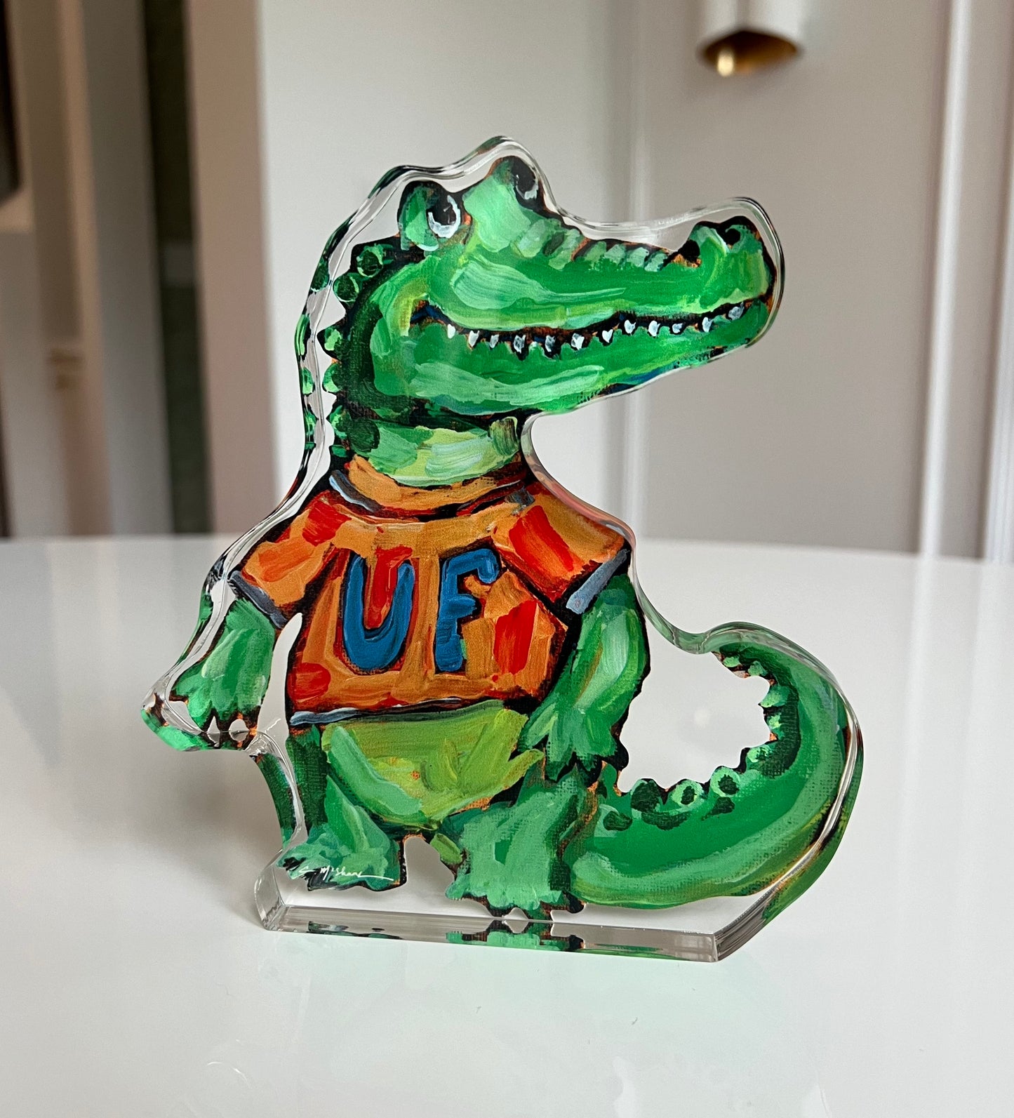 An acrylic tabletop shelfie of an alligator Gator for University of Florida gameday.