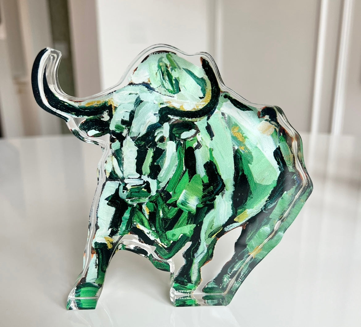 An acrylic tabletop of a South Florida bull for college gameday or alumni gifts.