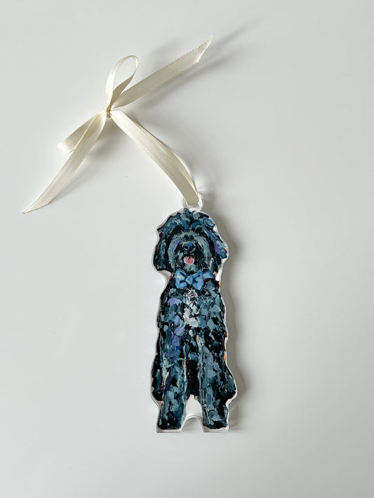 Goldendoodle Black with blue bow (Ornament)