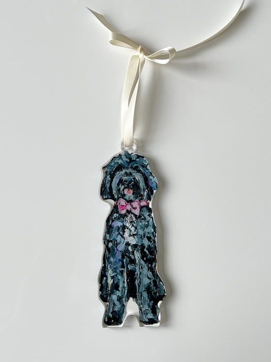 Goldendoodle Black with pink bow (Ornament)