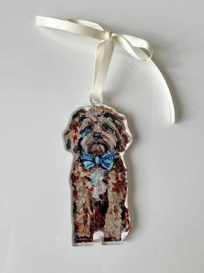 Cavapoo red with blue bow (Ornament)