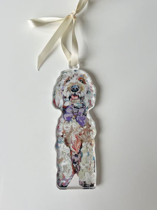 Goldendoodle with purple bow (Ornament)