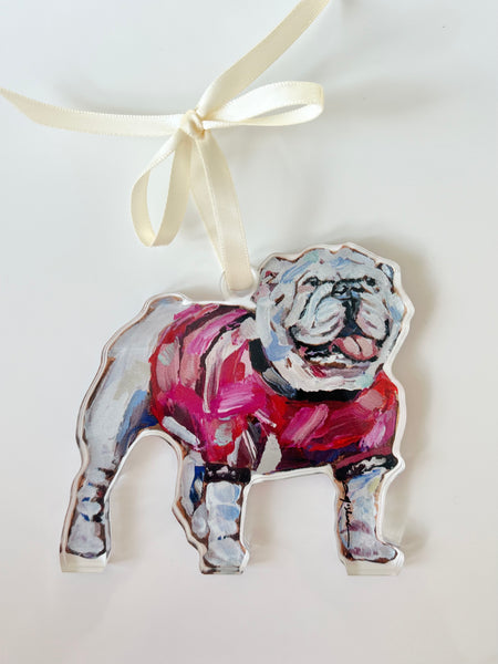 Bulldog with red shirt Acrylic Ornament – Chelsea McShane Art