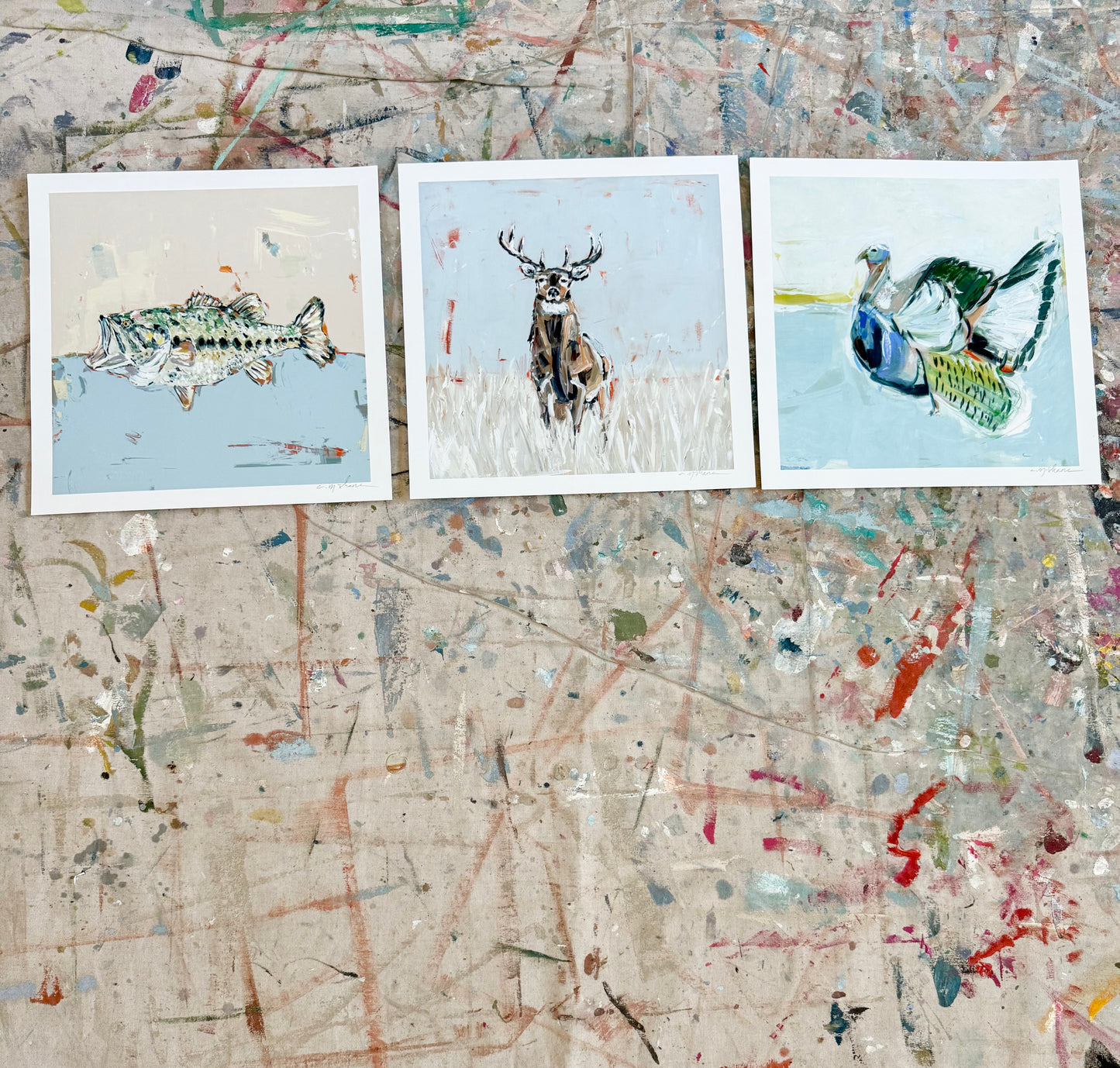 Deer, Bass, & Turkey 12X12 hand signed paper prints (set of 3)