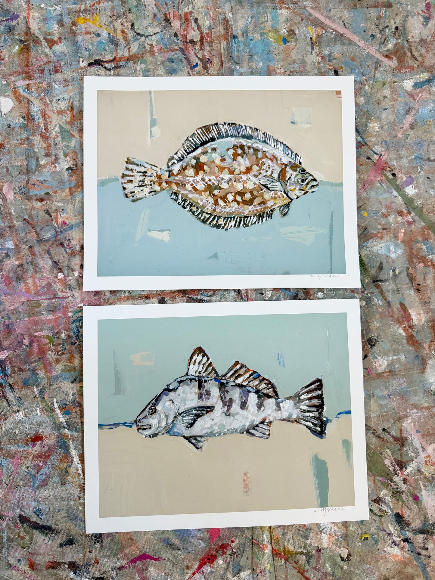 Black Drum & Flounder 14X11 hand signed paper prints (set of 2)