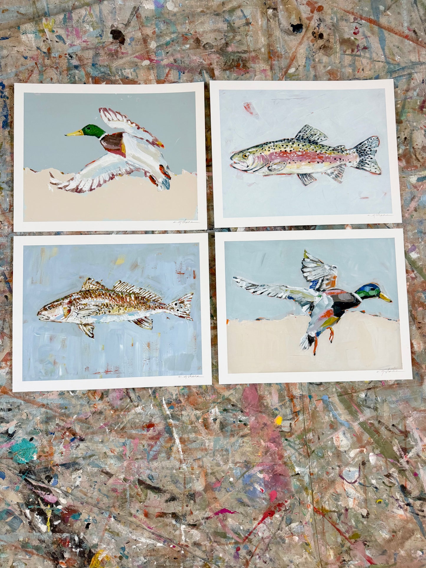 Mallard & Fish 14X11 hand signed paper prints (set of 4)