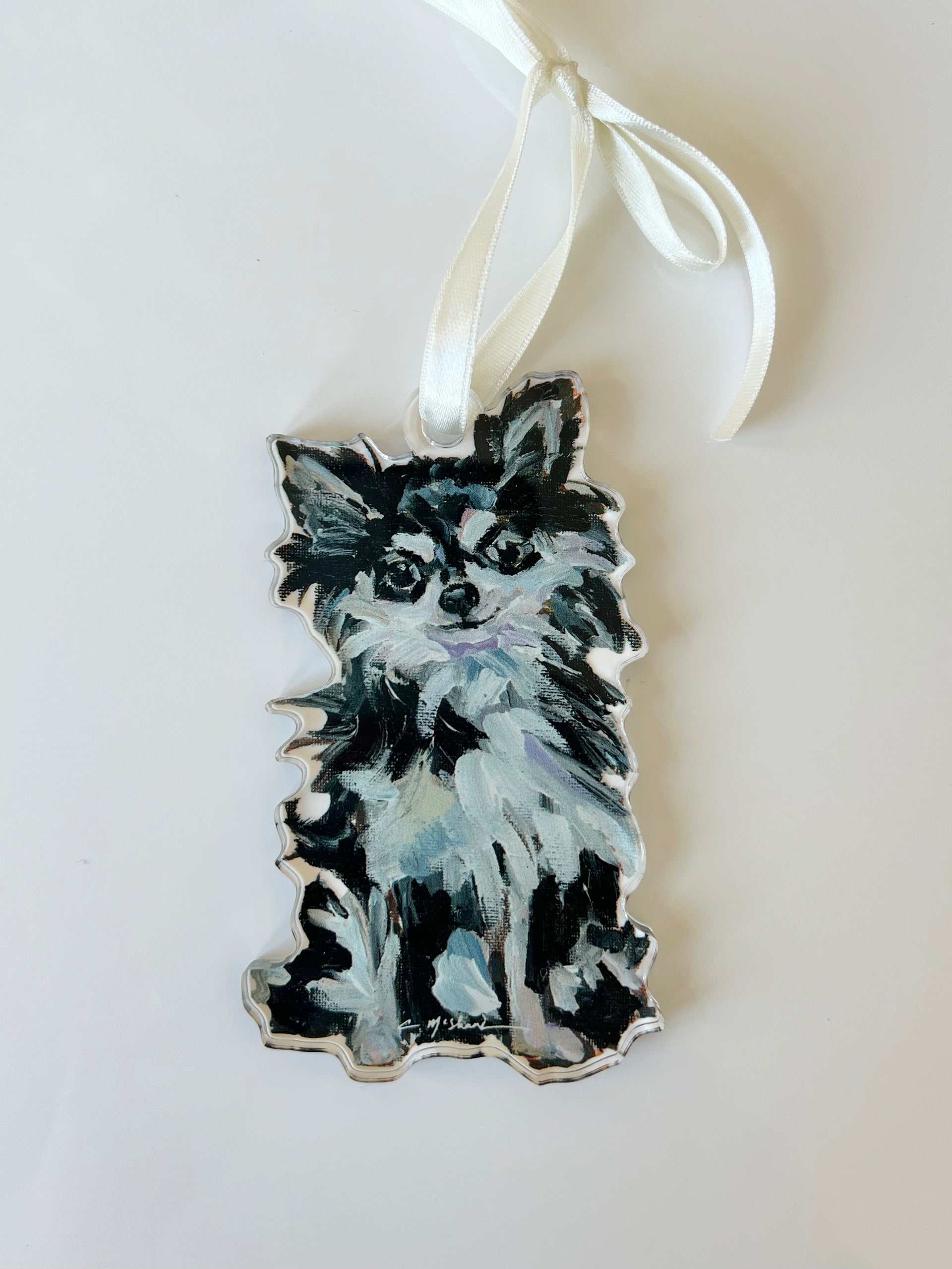 Chihuahua Black & White Long Hair Acrylic Ornament – Chelsea