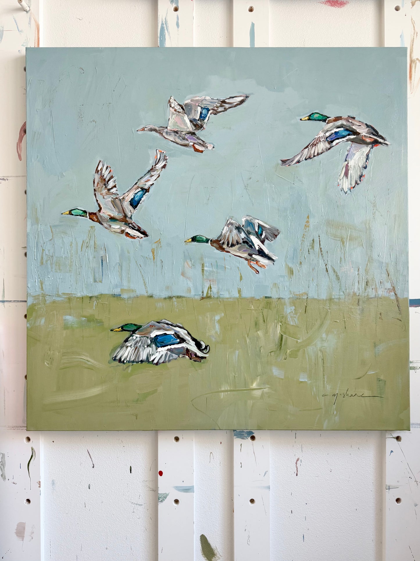 "Mallards In Flight" Original on 36X36 canvas