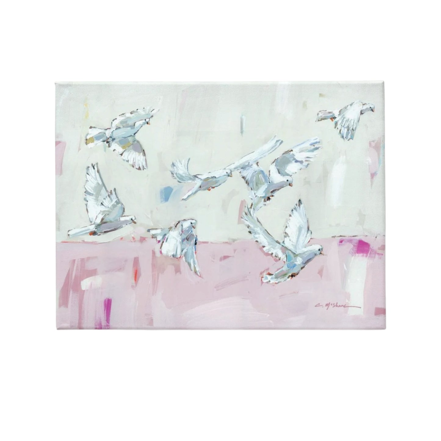 An abstract painting of several white doves in flight, set against a split background of off-white and soft pink, on a canvas with a visible edge.