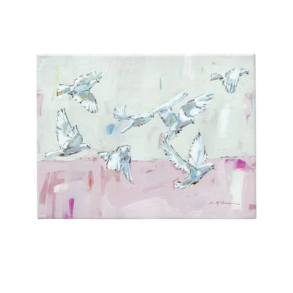 An abstract painting of several white doves in flight, set against a split background of off-white and soft pink, on a canvas with a visible edge.