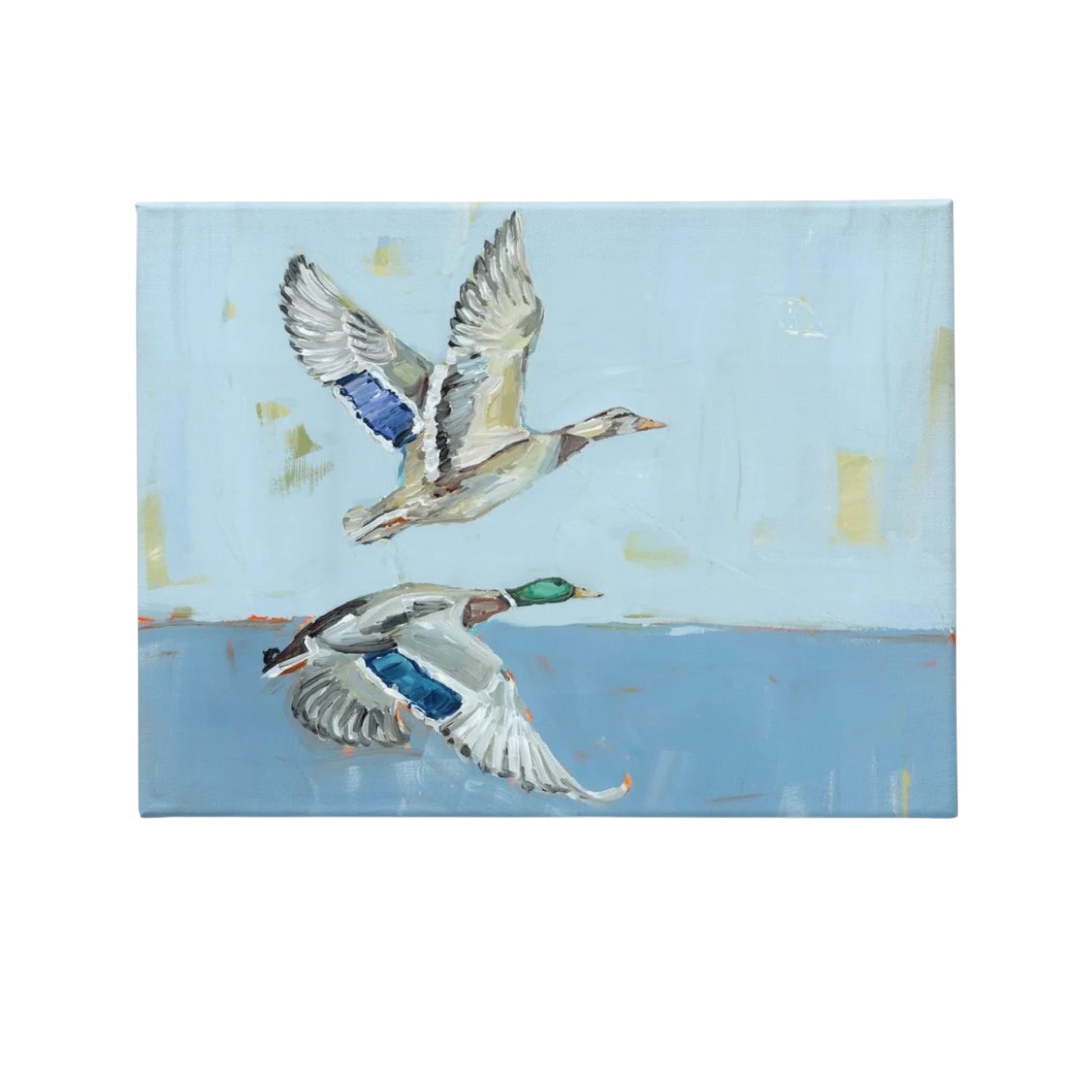 A canvas painting depicting two mallard ducks in flight above blue water, with a pale sky background and visible brushstrokes.