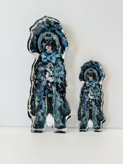 "Goldendoodle Black With Blue Bow" acrylic