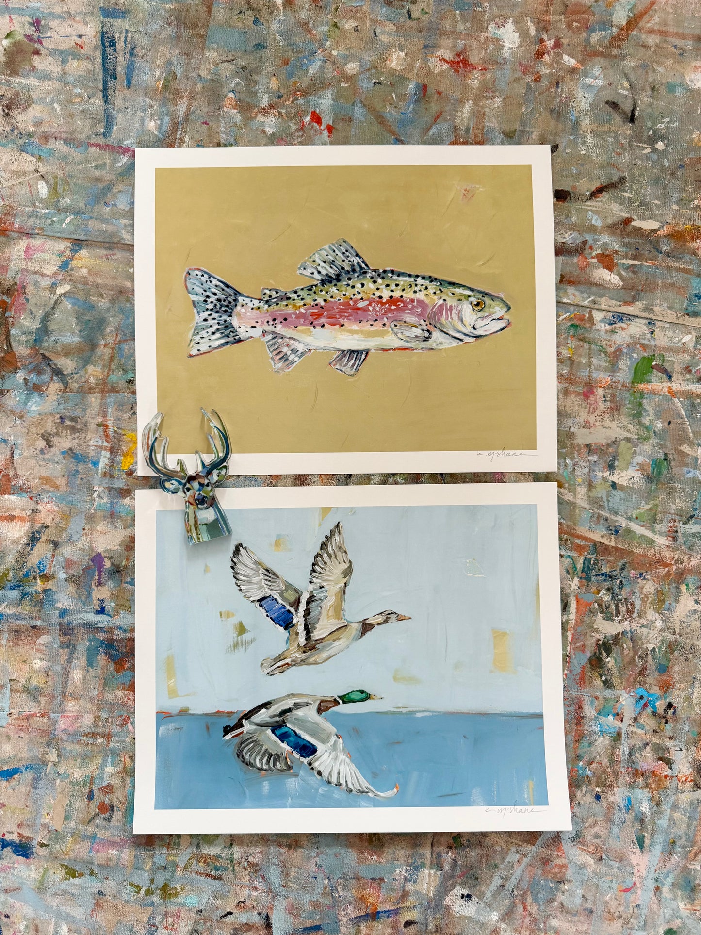 "Mallards & Trout" 14X11 paper prints + deer mini acrylic