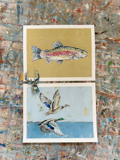 "Mallards & Trout" 14X11 paper prints + deer mini acrylic