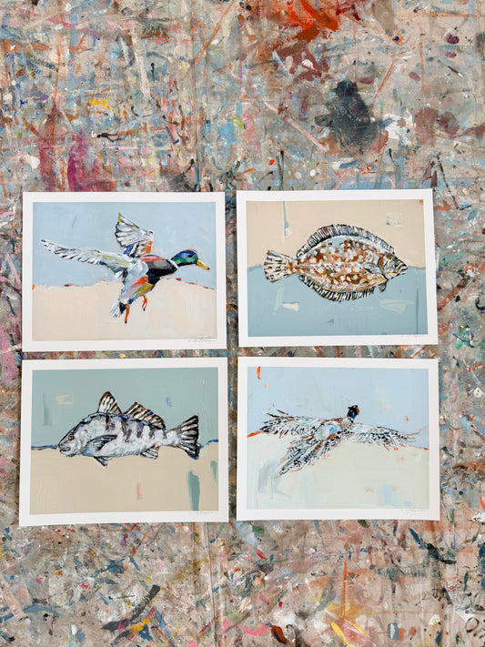 "Mallard, Flounder, Black Drum, & Pheasant " 14X11 hand signed paper prints (set of 4)