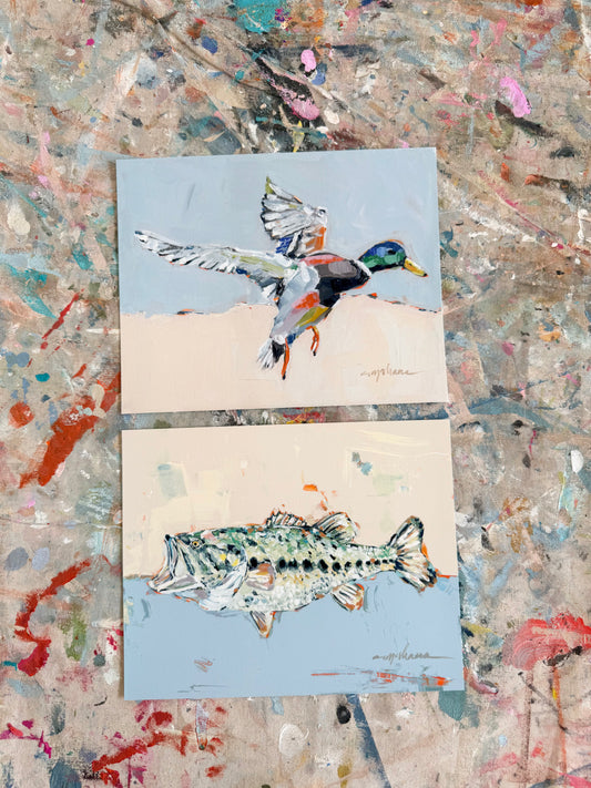 "Mallard Duck & Bass Fish" 10X8 hand signed paper prints (set of 2)