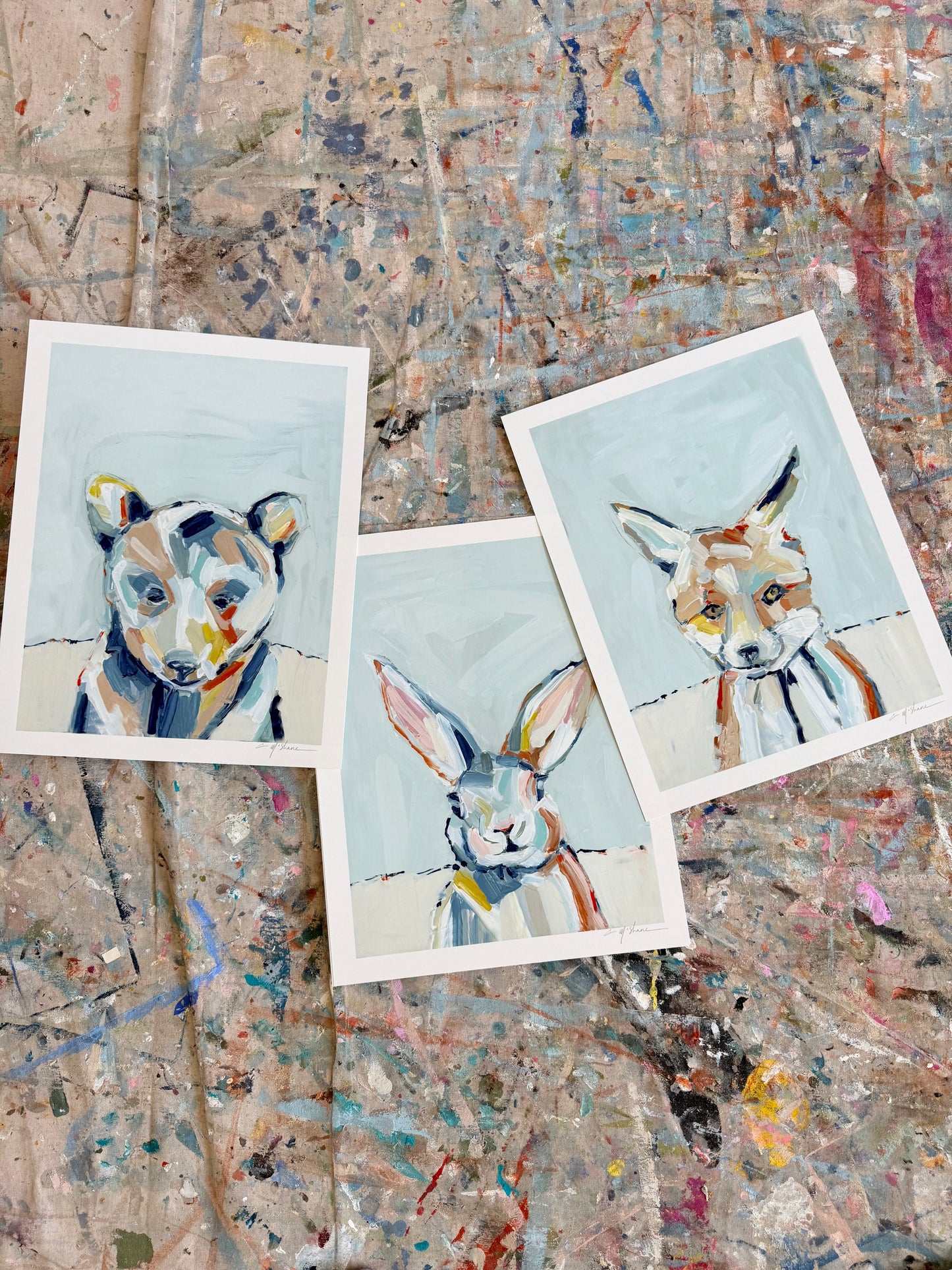 "The Woodlands" Bunny, Fox, Bear 11X14 hand signed paper print (set of 3)