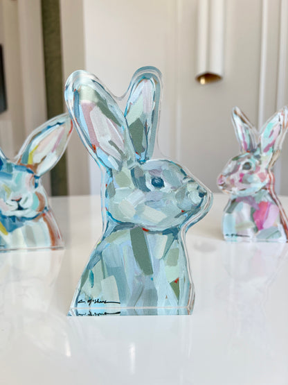 An acrylic tabletop bunny that is great for Easter decor or a nursery gift.