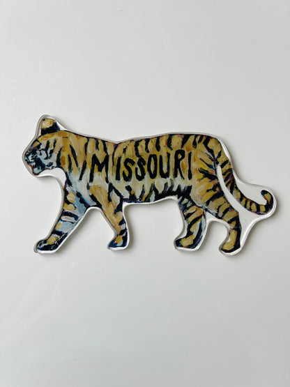 An acrylic tabletop shelfie of a gold and black tiger for Mizzou or University of Missouri gameday.