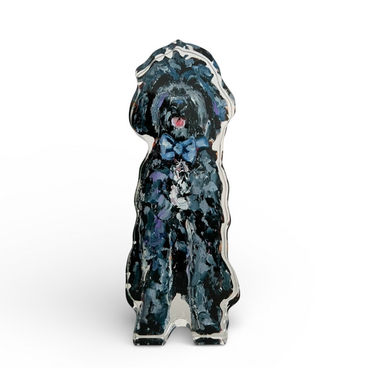 "Goldendoodle Black With Blue Bow" acrylic